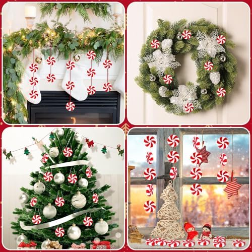 JUNEBRUSHS 1 Inch Candy Cane Christmas Decorations, 50 Pcs Plastic Fake Peppermint Candy Ornaments Red And White For Xmas Holiday Decor Party Favors Crafts