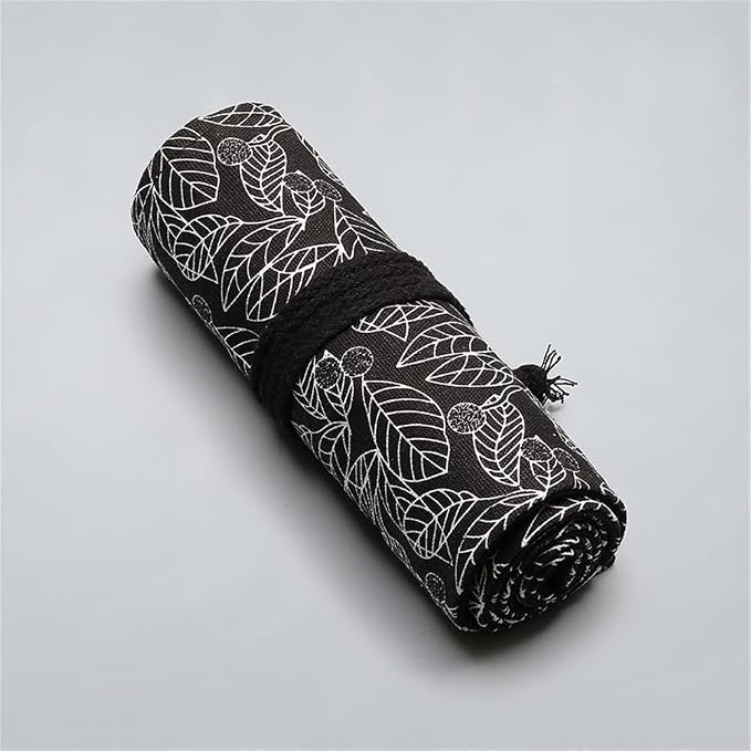 DIYOMR 24/36/72 Slots Pencil Wrap Pencil Rolls, Artist Colored Pencils Roll Up Bag Short Brushes Pouch Case Pencils Organizer for Drawing Coloring and Sketching,No Pencils (Black Leaves, 24slots)