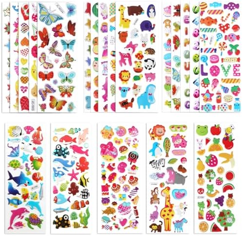 20 Sheets Puffy 3D Stickers for Kids & Toddlers, Variety Adhesive Sticker | Includes Animals Numbers Letters Fruits for Scrapbooking Journal Water Bottle DIY Craft (Girl Style)