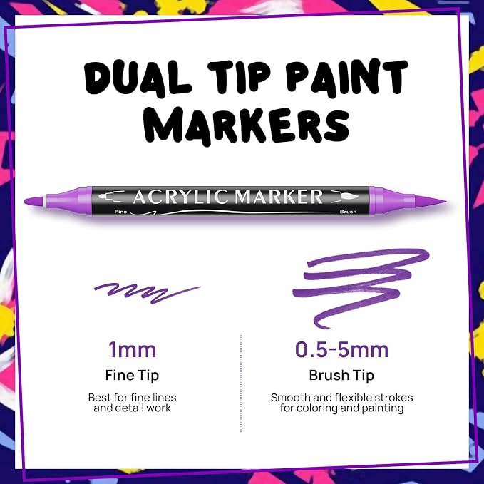 72 Colors Dual Tip Acrylic Paint Markers,Fine Tip and Brush Tip Permanent Acrylic Paint Pens For Rock Painting, Canvas, Wood, Glass, Ceramic, Fabric, Plastic, Egg, Scrapbook,Art Painting Supplies Kit