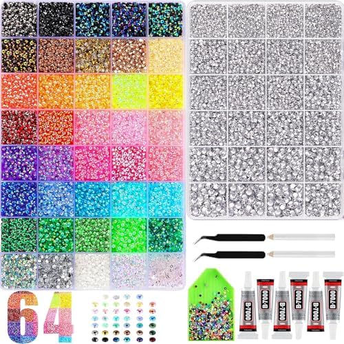 62,000 Pcs Rhinestone Bedazzling Kit, 40 Colors Nail Art Rhinestones with 32,000pcs 3mm & 30,000pcs Multi-Size Clear Flatback Nail Gems, B7000 Glue, Diamond Painting Accessories for DIY Crafts
