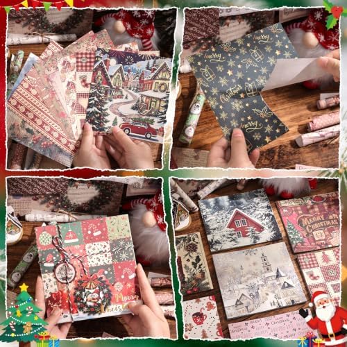 icceemee 200 Sheets Christmas Scrapbook Paper Set – Christmas Themed Craft Collage Paper for Junk Journaling, Bullet Journal, Poster Decor, Room Decoration, Card Making, and Gift Wrapping