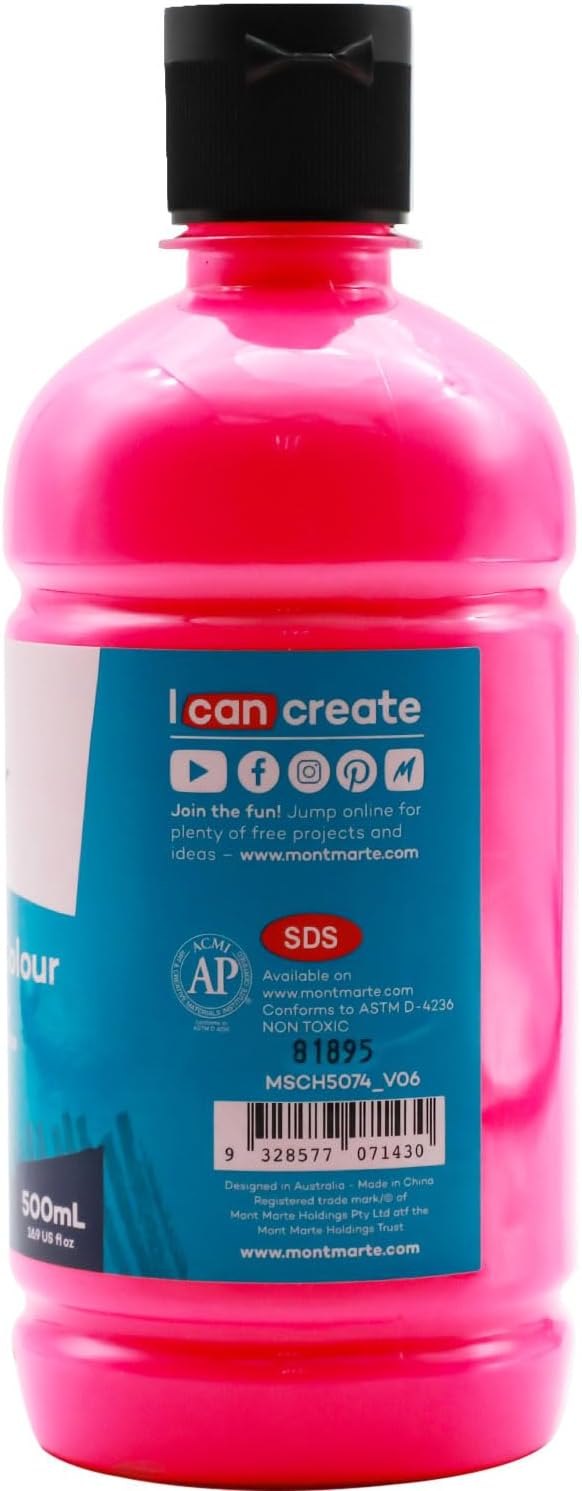 Mont Marte Signature Fluoro Pink Acrylic Paint, 16.9oz (500ml), Semi-Matte Finish, 12 Colors, Suitable for Canvas, Wood, Fabric, Leather, Cardboard, Paper, MDF and Crafts