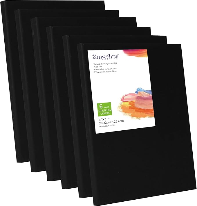 Black Canvas,8x10 Inch 6-Pack, 100% Cotton Primed Acid-Free Stretched Black canvases for Painting, Art Supplies for Acrylic Pouring, Oil Painting and Watercolor Paints