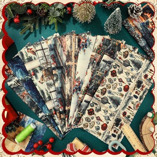 HunnmingRe 20 Pcs 10''x10'' Vintage Christmas Quilting Fabric Square Nutcracker Santa Claus Quiltted Fabric Bundle Reindeer Precuts Printed Patchwork Supplies for Winter Xmas DIY Sewing Craft