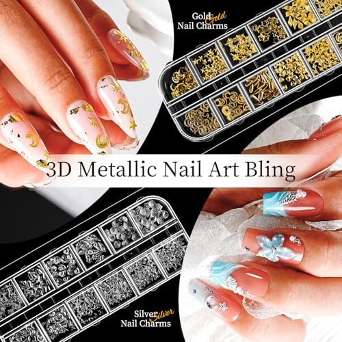 JODSONE Rhinestone Picker Tool,Nail Charms,Nail Rhinestones Kit with 6 Boxes of Rhinestones,12 Nail Stickers in 2 Colors Multi Shape Pearls Jewels Crystals with Nails Art Tools