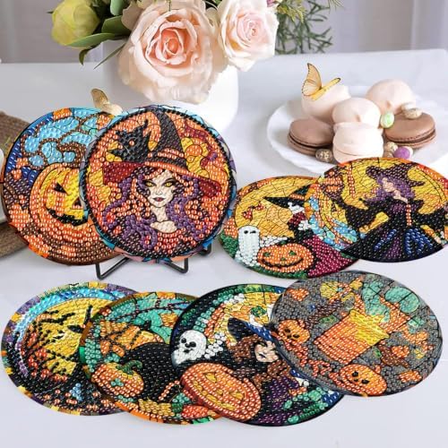 Halloween Diamond Art Coasters Kit, 8 Pieces Diamond Painting Coasters Kit