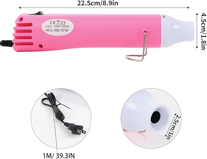 Heat Gun 300W, Handed Hot Air Gun for Crafting and DIY (Pink) | 3.28FT Ultra-Long Cable Portable Heat Gun with Stand and Power Cord for Shrinking Wrapping PVC and Drying Paint