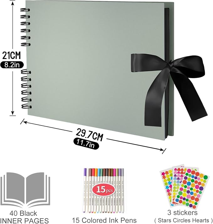 EVNEED 11.5 x 8.5 Inch Scrapbook Photo Album,Wedding Guest Book Anniversary Memory Scrapbooking,Wedding Photo Album with DIY Accessories Kit for Craft Paper DIY,80 Pages (40 Sheets),Green