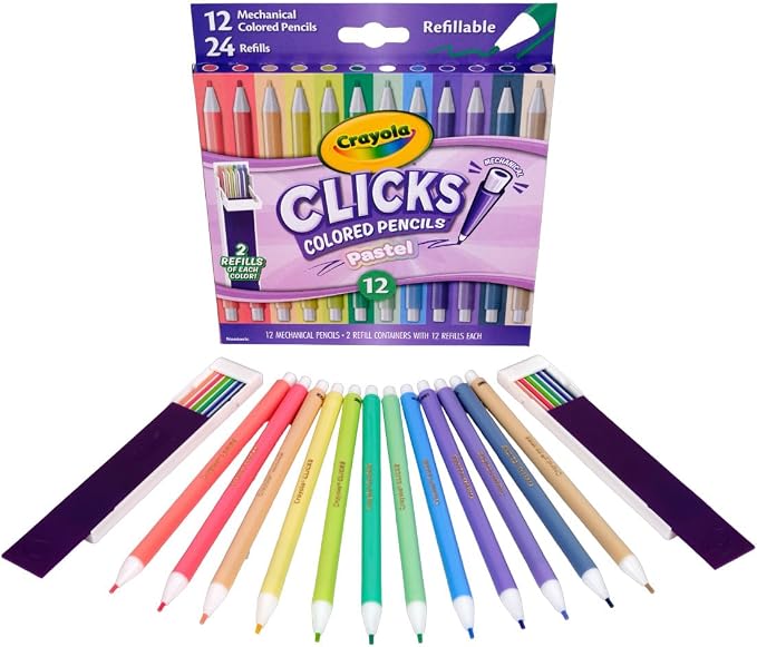Crayola Clicks 2.0mm Mechanical Colored Pencil Set, 12 Pastel Colors, Cute School Supplies for Teachers, 24 Replacement Cores, Ages 6+