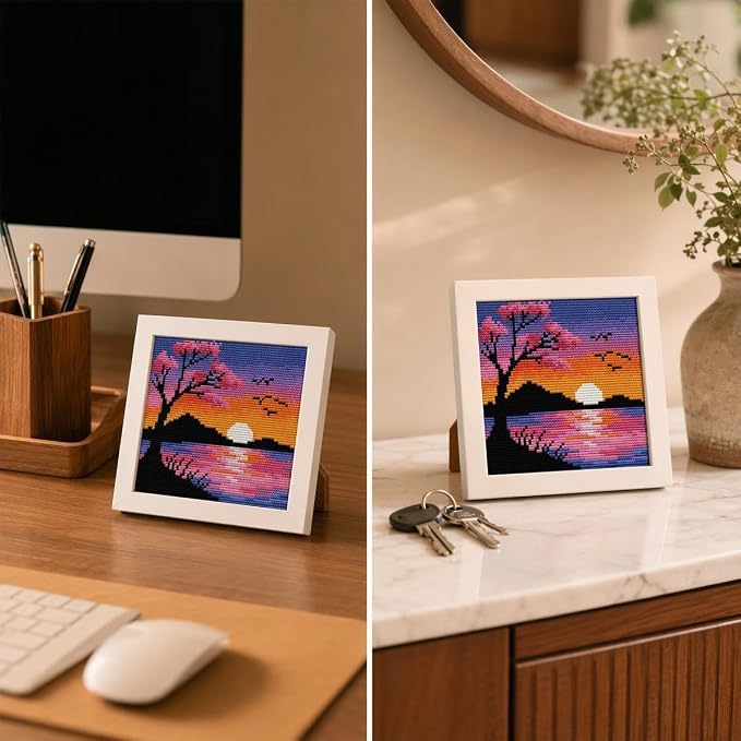 Sunset Landscape Stamped Cross Stitch Kits for Beginners Adults with Framed | Cherry Blossom Needlepoint Counted Cross Stitch Kits for Beginners Adults Embroidery Kits Arts and Crafts 6 x 6 inch