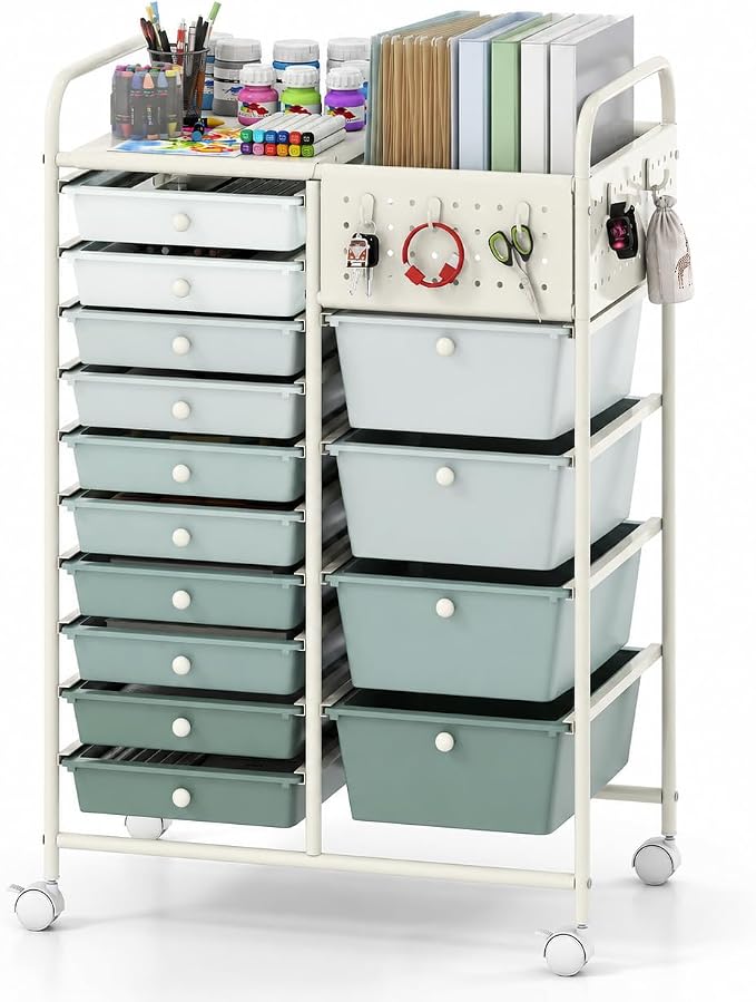 Giantex 14 Drawer Storage Cart, Rolling Craft Cart with Metal Tabletop & Pegboard, Mobile Utility Organizer Trolley with Locking Wheels, Home Office, Green Gradient