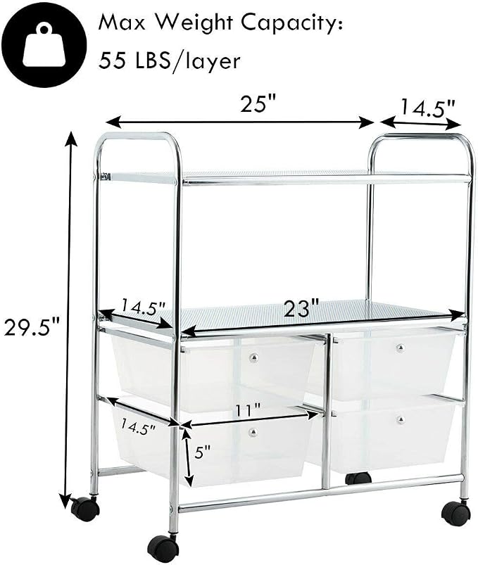 Giantex Rolling Storage Cart w/ 4 Drawers 2 Shelves Metal Rack Shelf Home Office School Beauty Salon Utility Organizer Cart with Wheels (White)