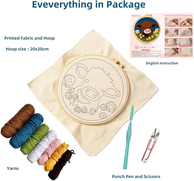 DIY Punch Needle Kits Highland Cow with Daisy Flower with Hoop 20x20cm-1 | with Pattern Stamped Easy for Beginners Embroidery Punch Needle Starter Craft Set for Adults Festival Gift and Decoration