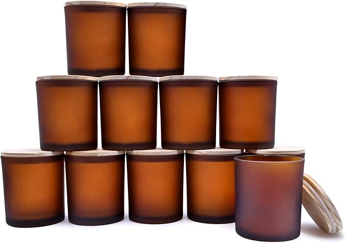 SHOWIN 14 OZ Thick Candle Jars for Making Candles 12 Pcs, 3 Wick Empty Jars with Wood Lids for Candle Making, Sample Container,Frosted Brown