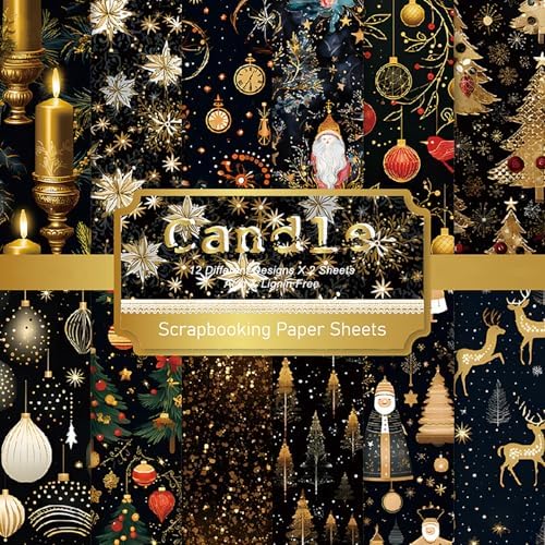 6x6 Scrapbook Paper Pad - Black Gold Christmas 160gsm Heavyweight Cardstock, 24 Pcs Vintage Santa & Reindeer Decorative Paper for Holiday Cards, Junk Journal & DIY Crafts