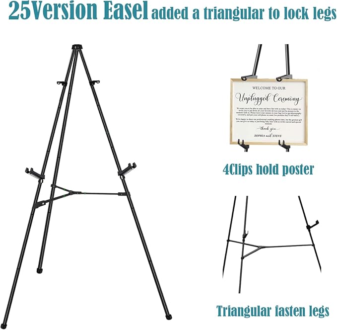 JIUYE 63" Instant Easels Stand for Wedding Sign & Posters,Adjustable Metal Easels for Display Painting Canvas,Folding Tripod with Portable Bag by JoyYeux,Black 3Pack | Height Adjustable Metal Floor Tripod for Wedding Posters with Bags,Easy Setup and Br...