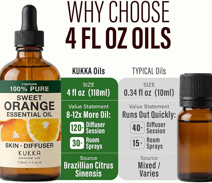 Kukka 100% Pure Sweet Orange Essential Oil for Skin, Diffuser, 4 Fl Oz | Sweet Orange Citrus Oil, Undiluted Brazilian, Non-GMO, GC/MS Tested - for Diffuser, Aromatherapy, Body, Massage