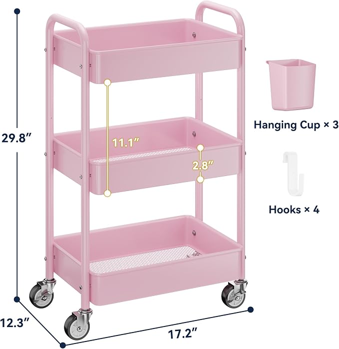 YASONIC 3 Tier Rolling Cart, Heavy Duty Metal Utility Cart with Wheel Pink
