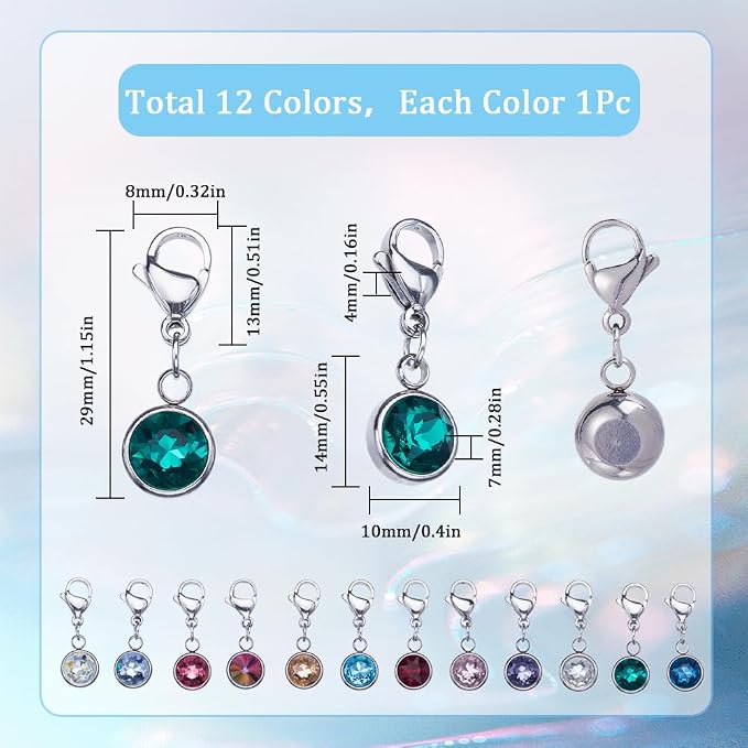SUNNYCLUE 1 Box 12pcs Knitting Stitch Markers Knitting Crochet Markers Rhinestone Crystal Brirthstone Charms Crochet for Weaving Sewing Needleworks DIY Craft Gift Supplies