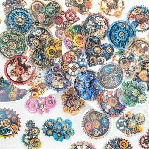 50PCS Steampunk Gear Stickers – Vintage Mechanical Clockwork Transparent Scrapbooking Stickers for Journaling, Resin Crafts, Laptop, Gift Decoration, Retro Industrial Punk Aesthetic