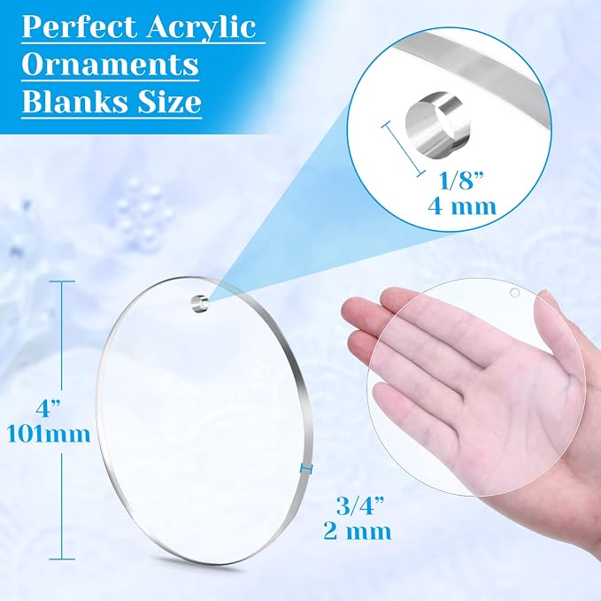 Audab Acrylic Ornament Blanks for Vinyl, Large Clear Acrylic Discs Round Acrylic Blanks Bulk with Hole for Engraving, DIY Projects, Art Crafts(4 Inch, 30 Pcs)