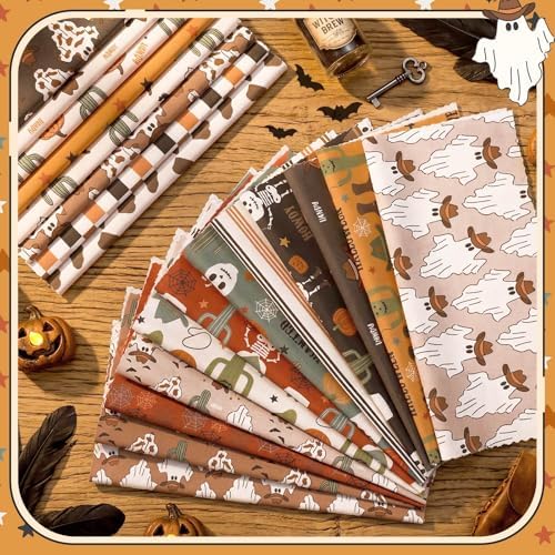 HunnmingRe 20 Pcs 10''x10'' Western Halloween Quilting Fabric Square Cowboy Ghost Precut Quiltted Fabric Cactus Pumpkin Lantern Cow Printed Patchwork Materials for Wild West Sewing DIY Craft Supplies