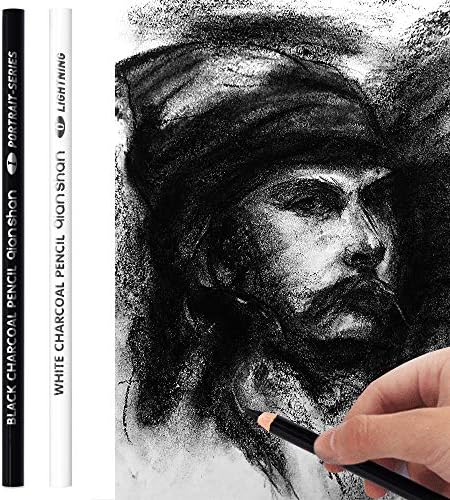 qianshan 2 Pcs Black White Color Charcoal Pencils, Professional Hight Quality Sketch Highlight Charcoal Wooden Pencils for Artist Drawing, Sketching, Blending, 2 Colors of 1 Black, 1White