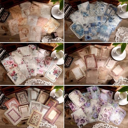66 Sheets Lace Edged Scrapbook Paper Set, 6 Packs Vintage Decorative Paper Scrapbooking Supplies for Letter Writing Background Stationery Ephemera for Junk Journaling, DIY Art Collage 4.9x6.9 IN