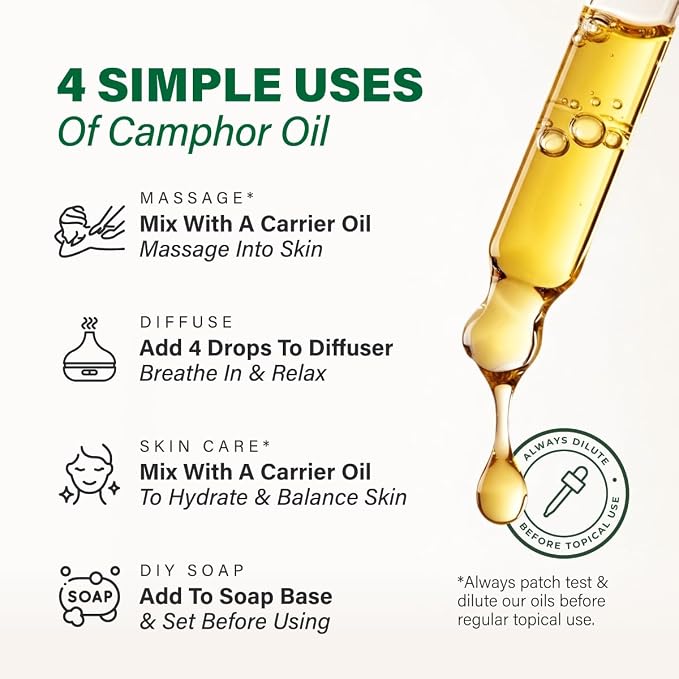 Kukka 100% Pure Camphor Essential Oil for Skin, Diffuser, 4 Fl Oz | Camphor Oil for Diffuser Blends, Muscle Massage & Home Freshening in an Undiluted Dropper Bottle