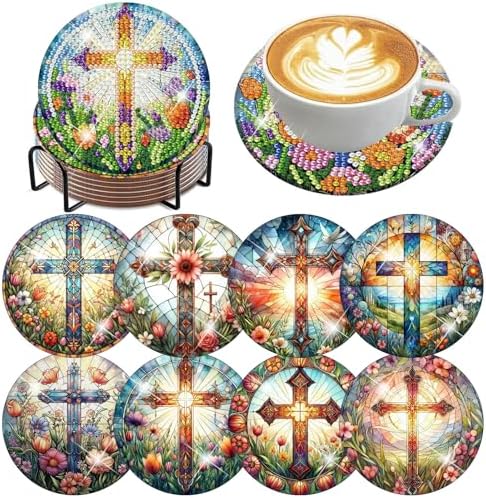 8 Pcs Christ Cross Diamond Art Coasters Kits 4x4 inch (Cork Wooden Pad)