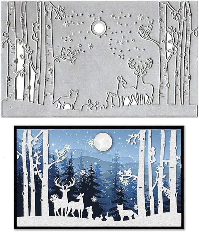 Lapoo Metal Cutting Die for Scrapbooking, 3D Backgrounds Frame New Cutting Dies DIY Album Card Making Decor Paper Metal Die Cuts Party Wedding Decorations (Winter Snow Forest Deer 7.9 x 4.6 in)