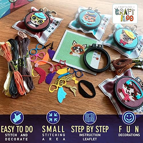 Cats Cross Stitch Kits for Kids - 5 Stamped Beginner Needlepoint Sets