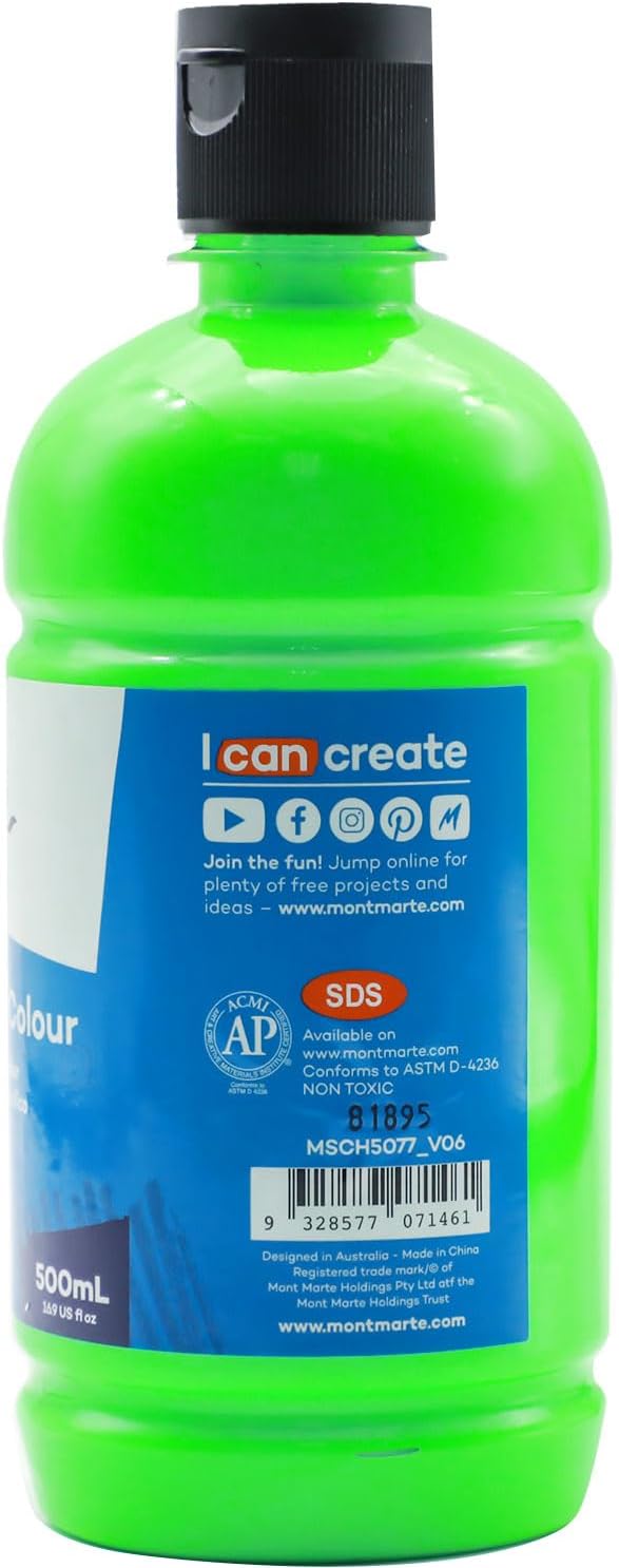 Mont Marte Signature Fluoro Green Acrylic Paint, 16.9oz (500ml), Semi-Matte Finish, 12 Colors, Suitable for Canvas, Wood, Fabric, Leather, Cardboard, Paper, MDF and Crafts