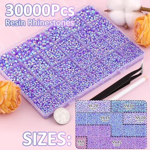 30000Pcs Dark Purple AB Rhinestones for Bedazzling with B7000 Jewelry Glue, Bedazzler Kit Bulk Flatback Gems, Resin Rhinestones for Crafting Crafts Clothing Shoes Nail Art Assorted Size 2/3/4/5/6mm