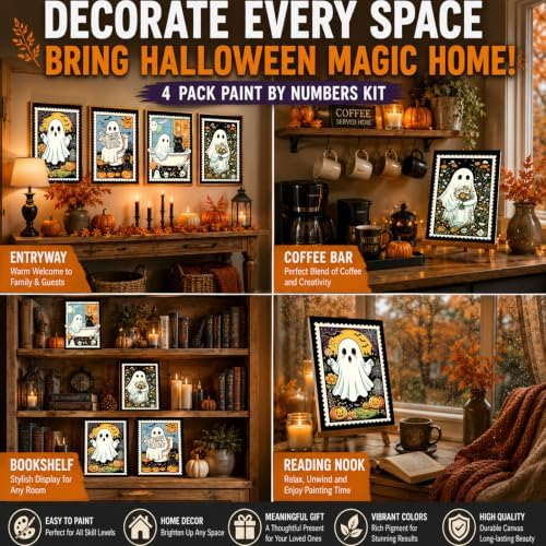 4 Pack Halloween Paint by Numbers Kit for Kids with Frame Easel 8x12 inch