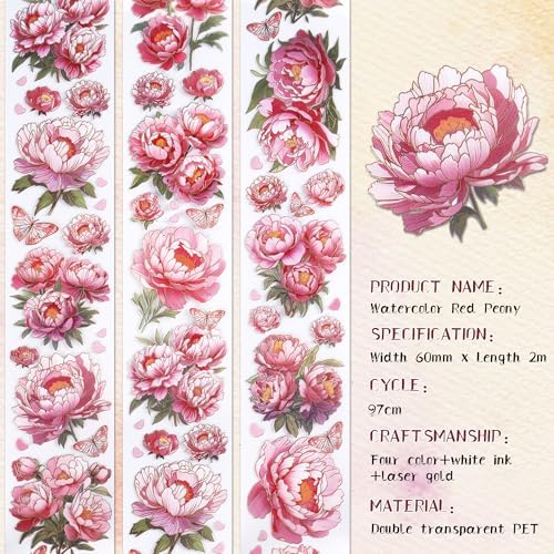 Sitsink PET Tapes - Pink Flower Scrapbook Supplies, Transparent Floral Tapes for Junk Journal Planner