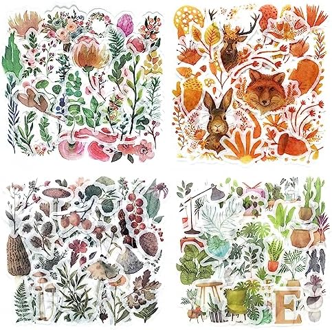 Yoksas 320 Pcs Watercolor Washi Stickers - Forest, Flower, Plant Aesthetic Stickers for Scrapbooking, Bullet Journal, Planners, Calendars