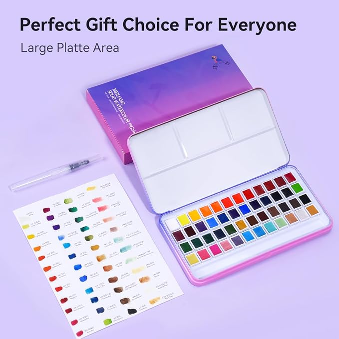MeiLiang 48 Colors Watercolor Paint Set with Brush | 36 Standard & 12 Glittery Colors, Carrying Box with Metal Ring, Ideal for Beginners, Professionals, and Art Lovers
