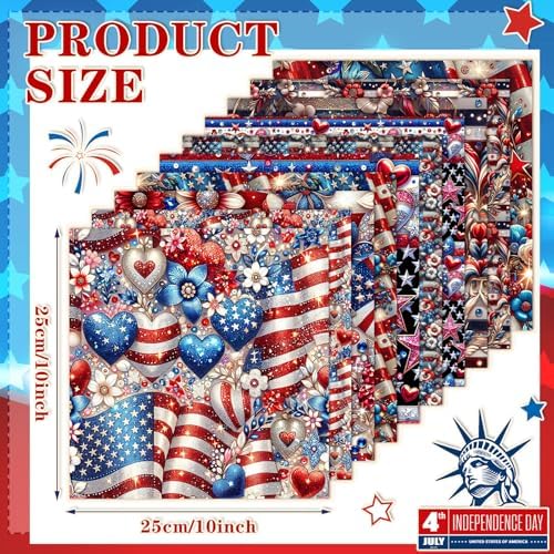 HunnmingRe 20 Pcs 10x10'' Patriotic Quilting Fabric Square 4th of July Precut Fabric Bundle American USA Flag Red White Blue Patchwork Material for Memorial Day Sewing DIY Craft 250 Anniversary