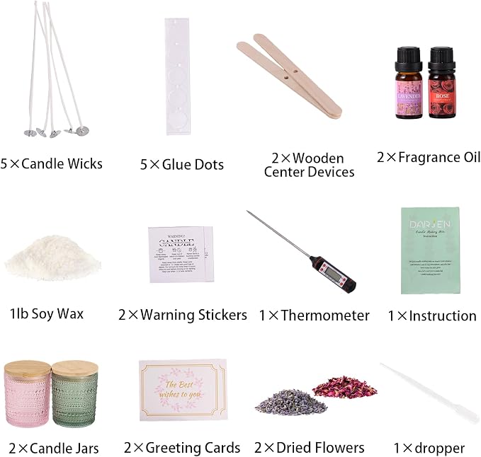 DARJEN Candle Making Kit for Beginners, 2 Jars Soy Wax Scented DIY Set | 100% Soy Wax, 10oz Glass Jars, Natural Cotton Wicks, Pleasant Scents, Instruction& More- Perfect as Home Decorations
