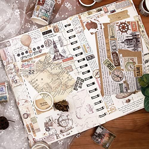 Vintage Washi Tape 18 Rolls & 15 Map Stickers Set,75/50/30/25/20/15/10/5mm Newspaper,Stamps,Old Letters,Holiday,Posters,Travels Adhesive Tape for Journaling,Scrapbook Supplies, Arts&Crafts(World)