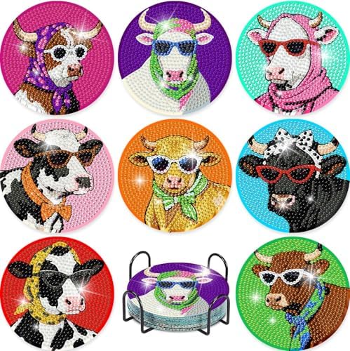 8 Pcs Cow Diamond Painting Coasters Kits for Adults,Cow Wearing Glasses Diamond Art Coasters with Non-Slip Cork Pads,DIY Round Drill Rhinestone Drink Coaster Art Craft for Home Decor Gifts 4x4 Inch.
