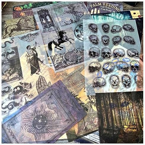 Dark Academia Junk Journal Supplies, Vintage Skull Decoupage Paper for Scrapbook Kit, 45pcs Astrology Ephemera for Junk Journals, Mushroom Plant Materials for Room Decor Wall Collage Kit