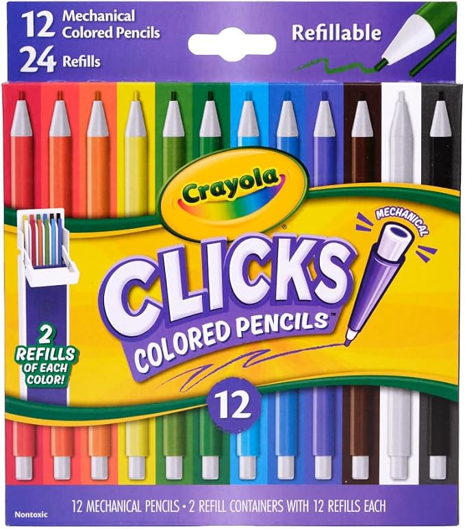 Crayola Clicks 2.0mm Mechanical Colored Pencil Set, 12 Assorted Colors, Coloring Pencils for Kids, No Sharpen, 24 Replacement Cores, Ages 5+