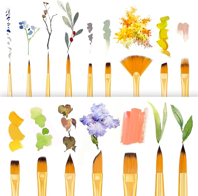 Transon 16 pcs Artist Paint Brush Set Versatile for Acrylic Painting Watercolor Painting Gouache Painting Brown Color