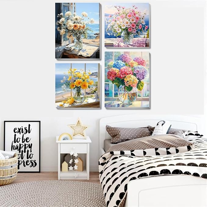 4 pack Flower Paint by Numbers Kit for Adults Beginner With Framed,Flowers Easy Adult Paint by Number Kits on Canvas DIY Painting for Beginners Art by Numbers for Home Wall Decor 10x12-10x10 Inch