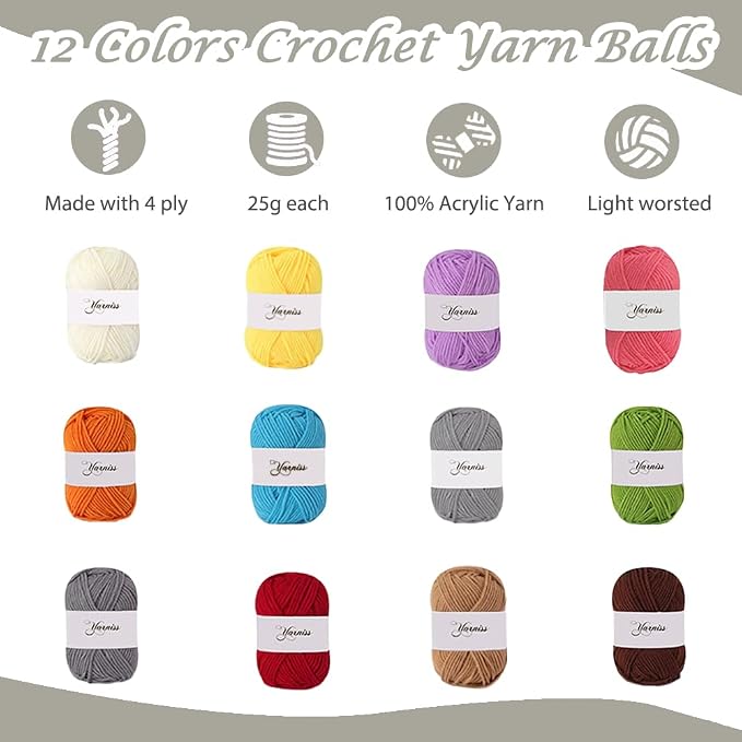 Yarniss Crochet Kit for Beginners,All Inclusive Crochet Set for Adults,Grey | 840 Yards Crochet Yarn and 12 Sizes (2.0-8.0mm) Ergonomic Hooks with Organizer Bag,Learn to Crochet with Step by Step Video T