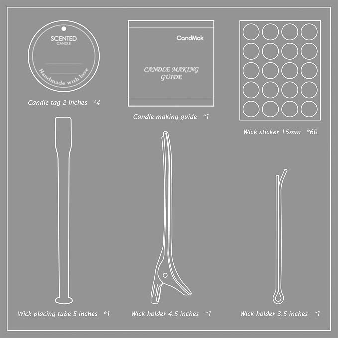 CandMak Candle Wick Kit - 60 Cotton Wicks with Candle Making Tools (Thin, 6 inches)