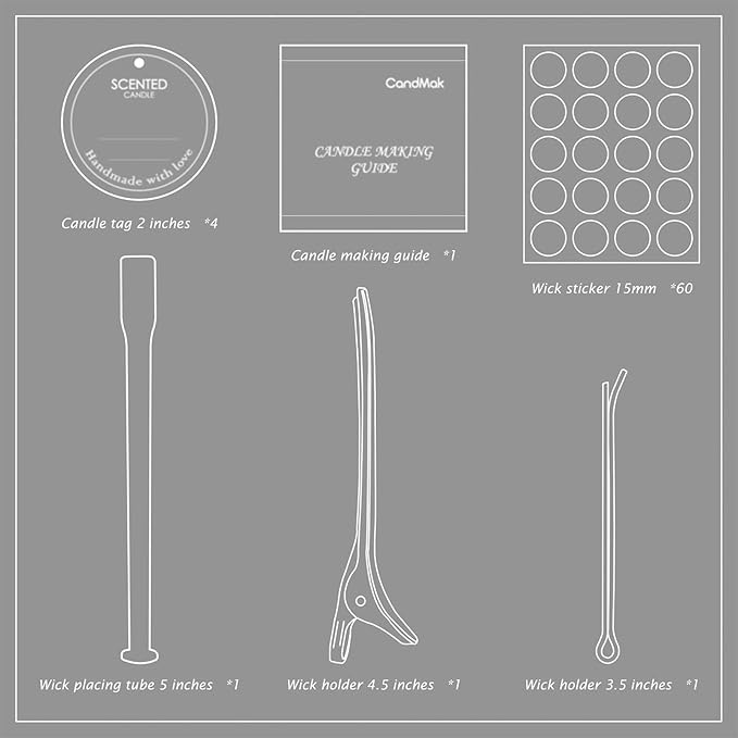 CandMak Candle Wick Kit - 60 Cotton Wicks with Candle Making Tools (Thick, 8 inches)